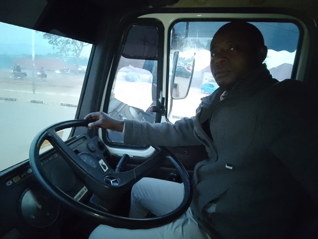 Me Habanabakize Daniel at the wheel during heavy-vehicle instruction